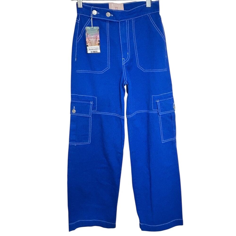 REVICE Denim Aviator Cargo Pant Women’s 25 Electric Blue Wide Leg Pockets NEW